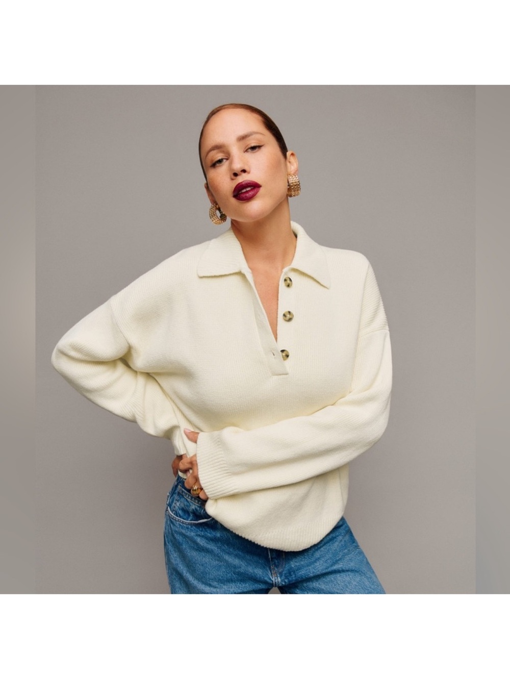 Reformation Women's Cream Button-Front Polo Sweater